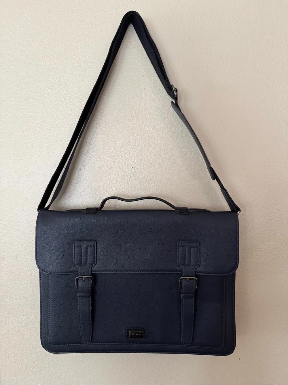 Ted Baker Navy Textured Leather Briefcase with Buckle Straps